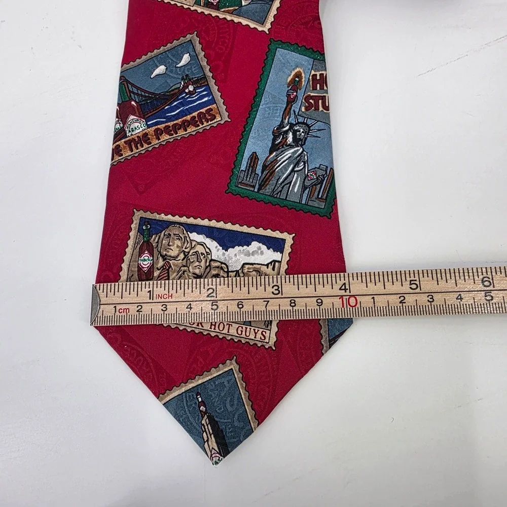 VINTAGE TABASCO TIE MENS RED POSTAGE STAMPS 100% SILK USA AOP NWT HOT SAUCE CHEF